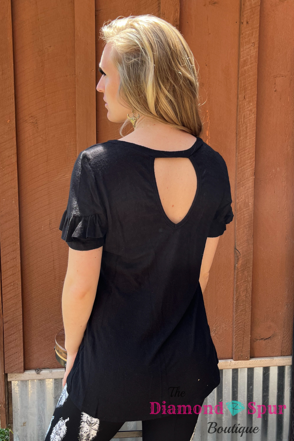 Black Ruffled Detail Sleeve Shirt - The Diamond Spur Boutique