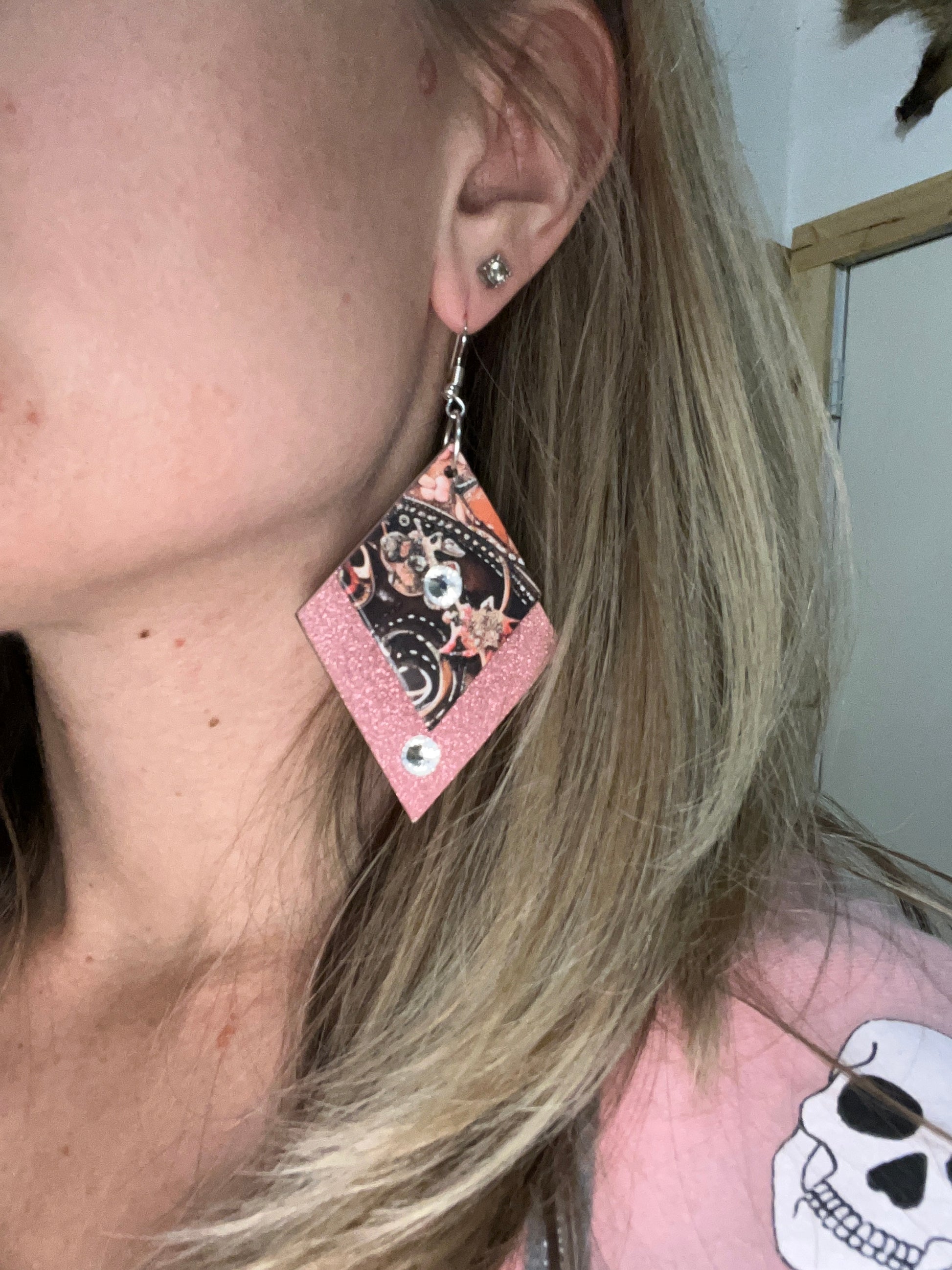 Pink Glitter & Leather Earrings - The Diamond Spur Boutique