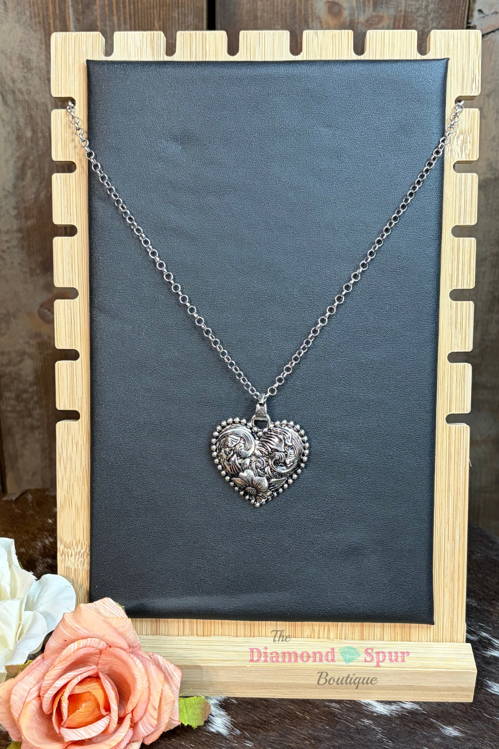 Tooled Silver Tone Heart Bar Necklace