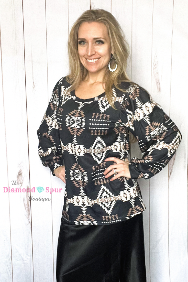 Andes Black Aztec Top - The Diamond Spur Boutique