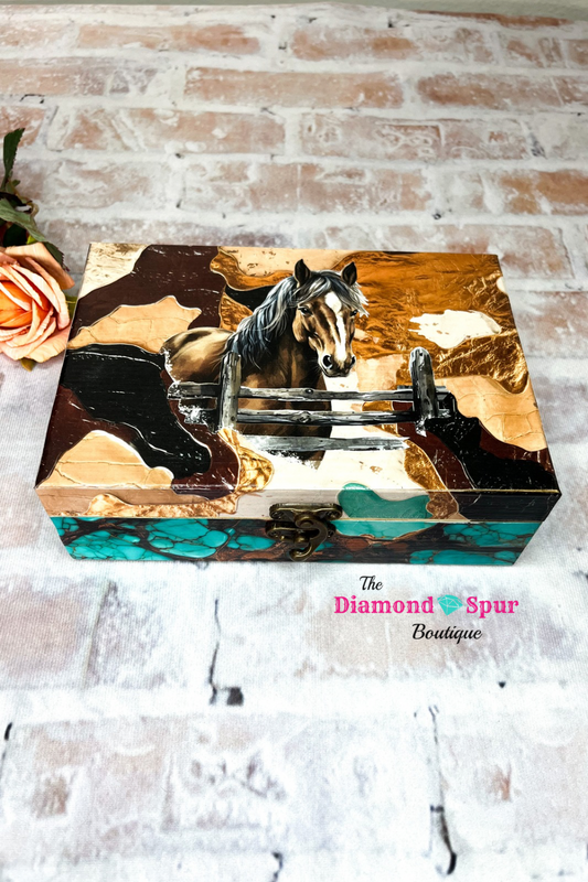 Wood jewelry or keepsake box with western horse and turquoise design latch closure