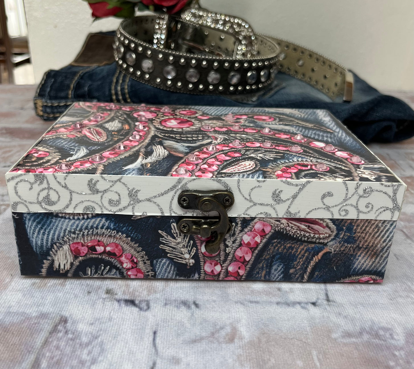 Rhinestone Denim Jewelry/Keepsake Box - The Diamond Spur Boutique