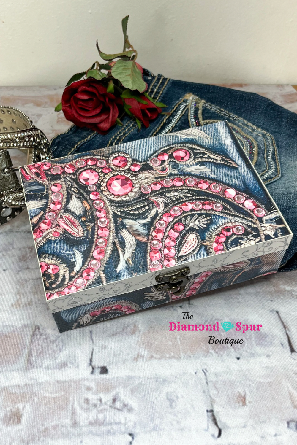 Wood rhinestone denim jewelry or keepsake box with latch that has a mirror and felt inside