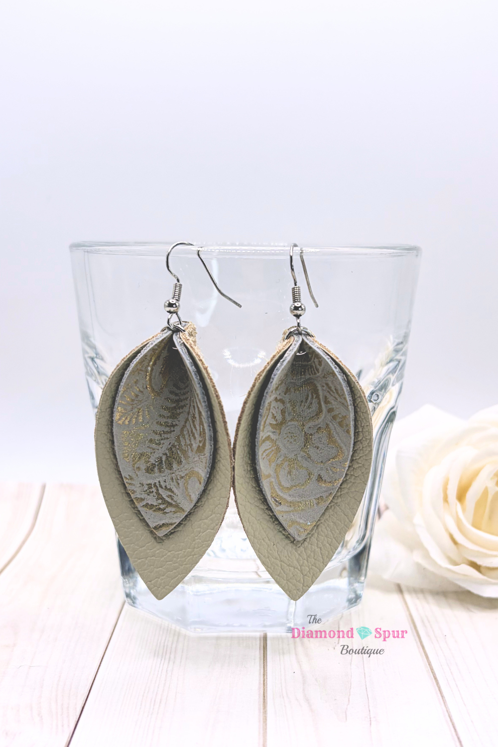 Leather Leaf Earrings- Beige
