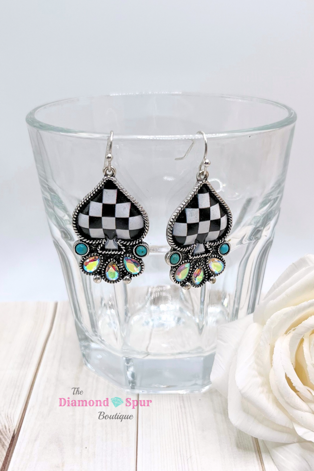 Checkered Spade and Crystal Earrings - The Diamond Spur Boutique