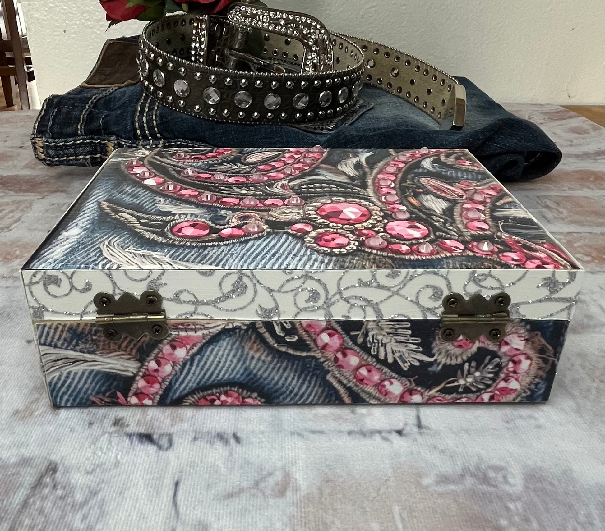 Rhinestone Denim Jewelry/Keepsake Box - The Diamond Spur Boutique