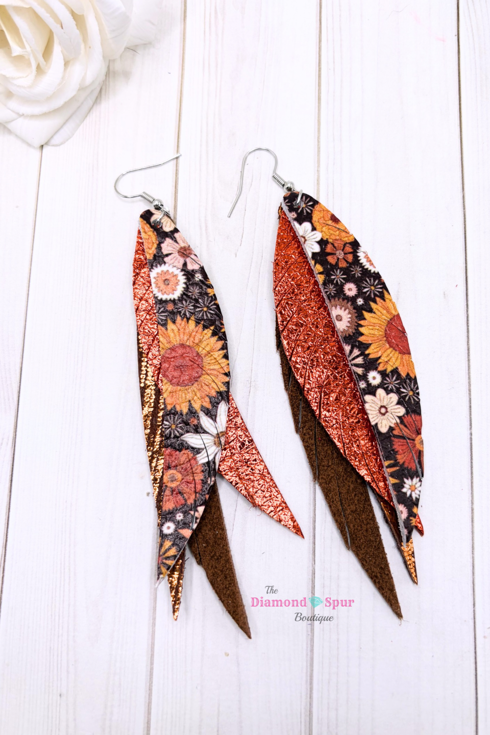 Leather Feather Earrings-Retro Flower