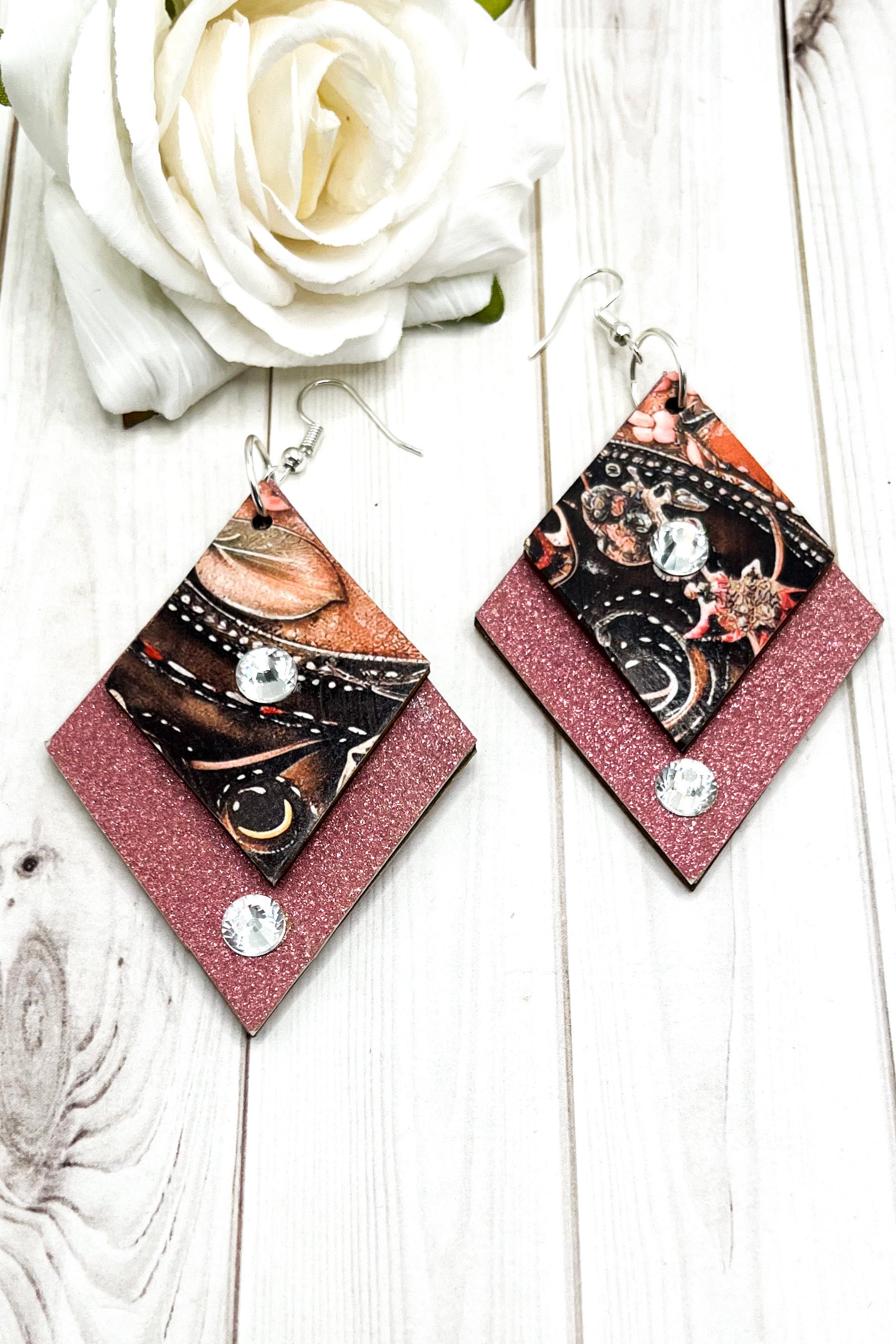 Pink Glitter & Leather Earrings - The Diamond Spur Boutique