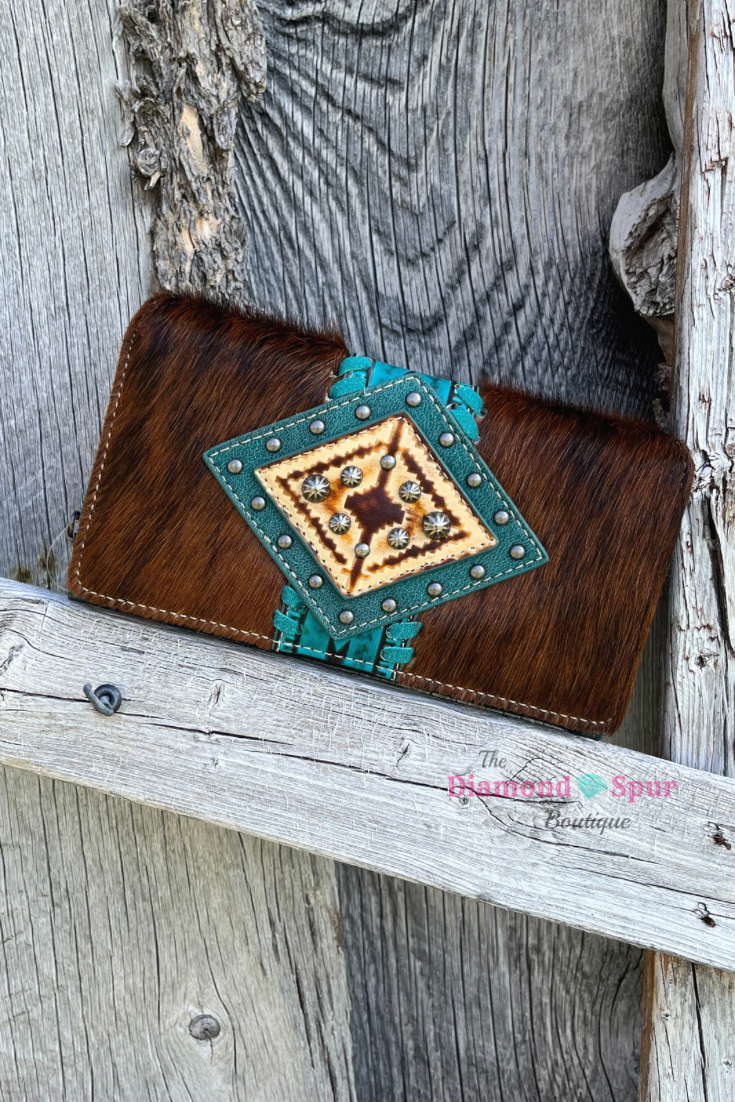 Turquoise Diamond Hair On Hide Wallet - The Diamond Spur Boutique