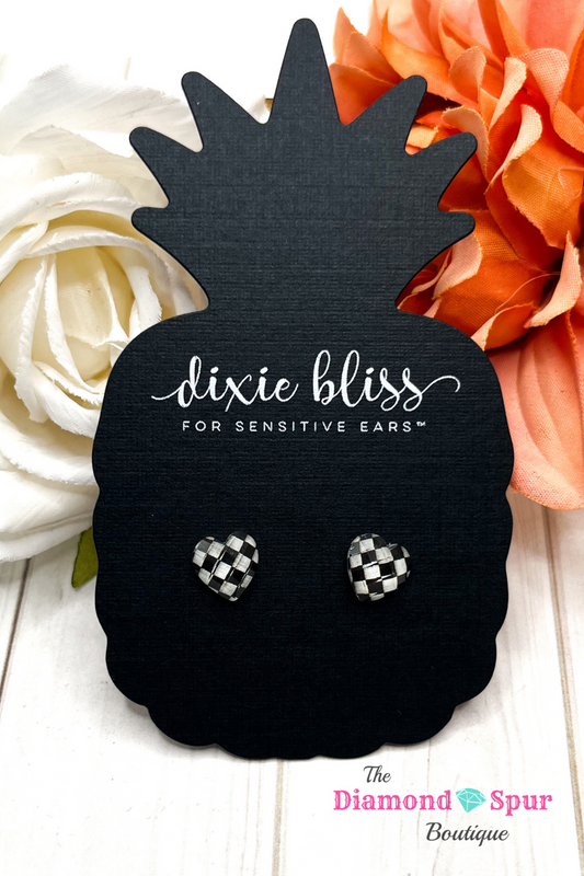 Black and white checkered heart stud earrings for sensitive ears