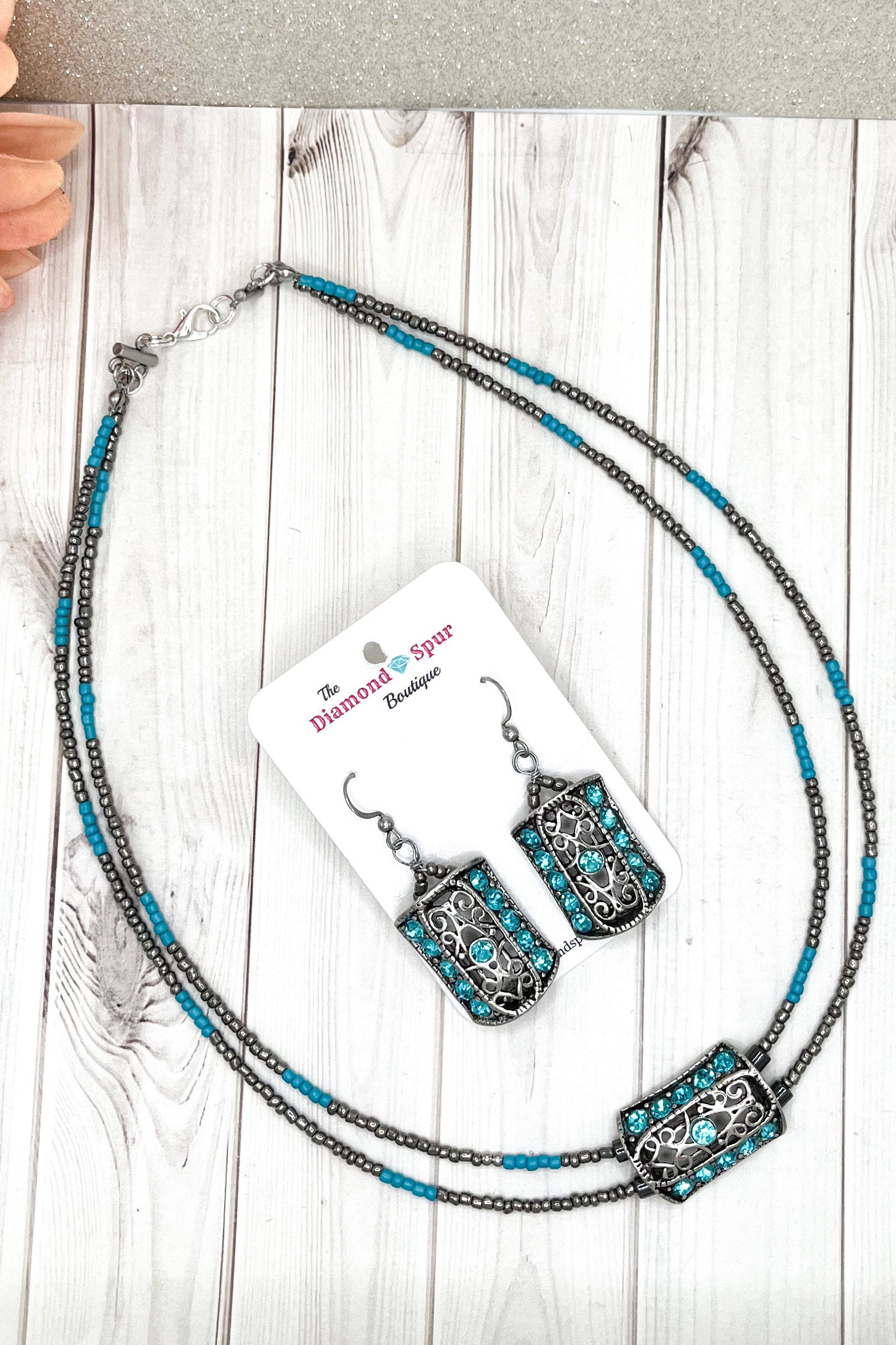 Blue Crystal Necklace & Earrings Set - The Diamond Spur Boutique