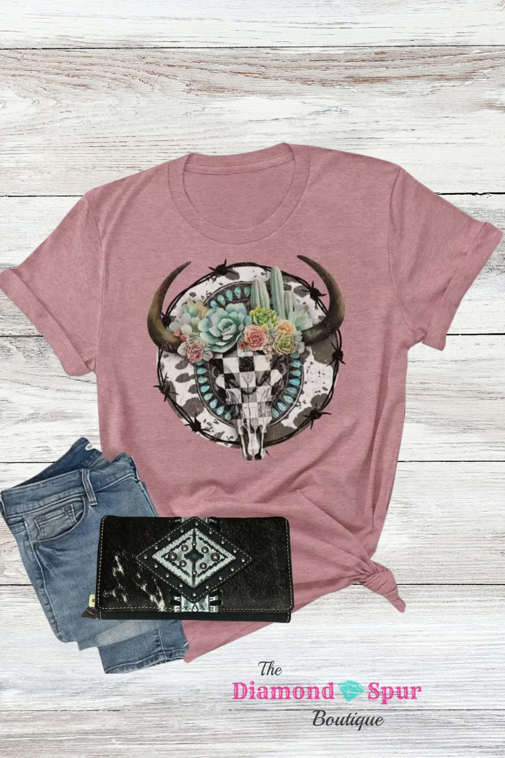 Pink western vibes checkered skull cactus cow print tee shirt