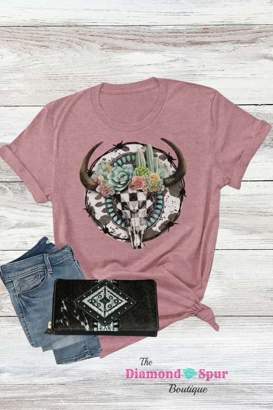 Pink western vibes checkered skull cactus cow print tee shirt