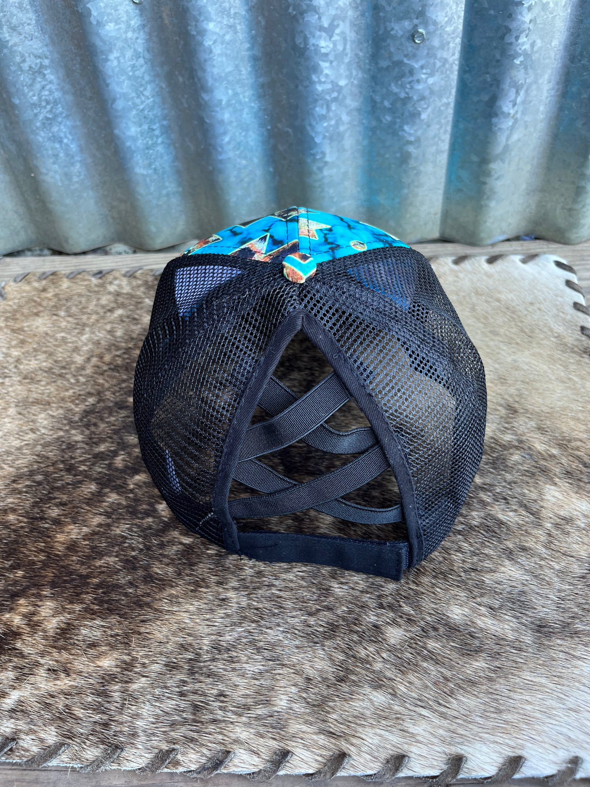 Mesh Back Blue & Leopard Ponytail Hat - The Diamond Spur Boutique