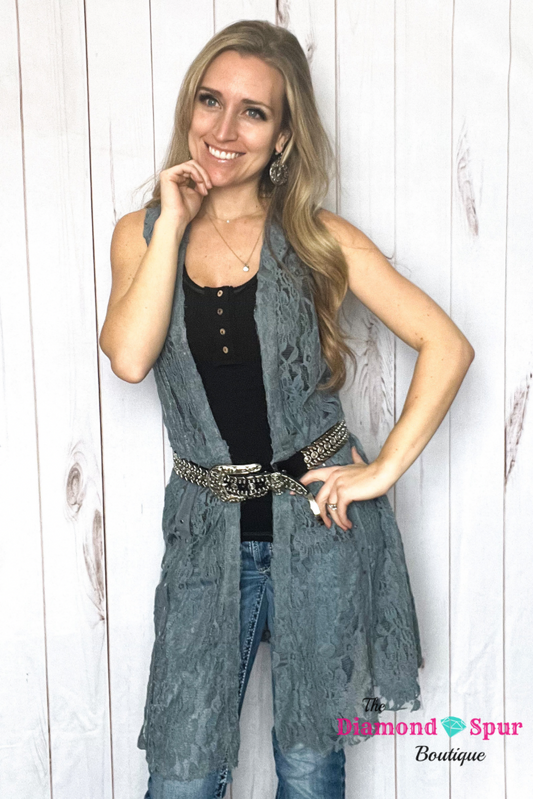Vocal Lace Sleeveless Cardigan Vest - The Diamond Spur Boutique