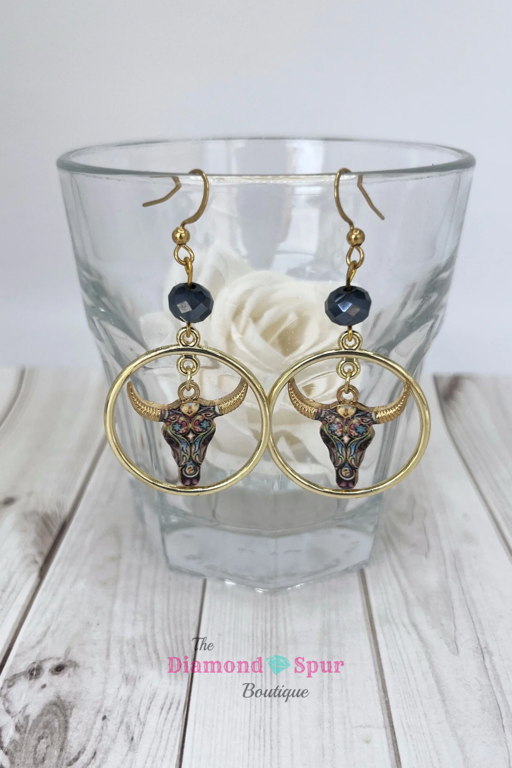 Aztec Steer Skull Drop Hoop Earrings