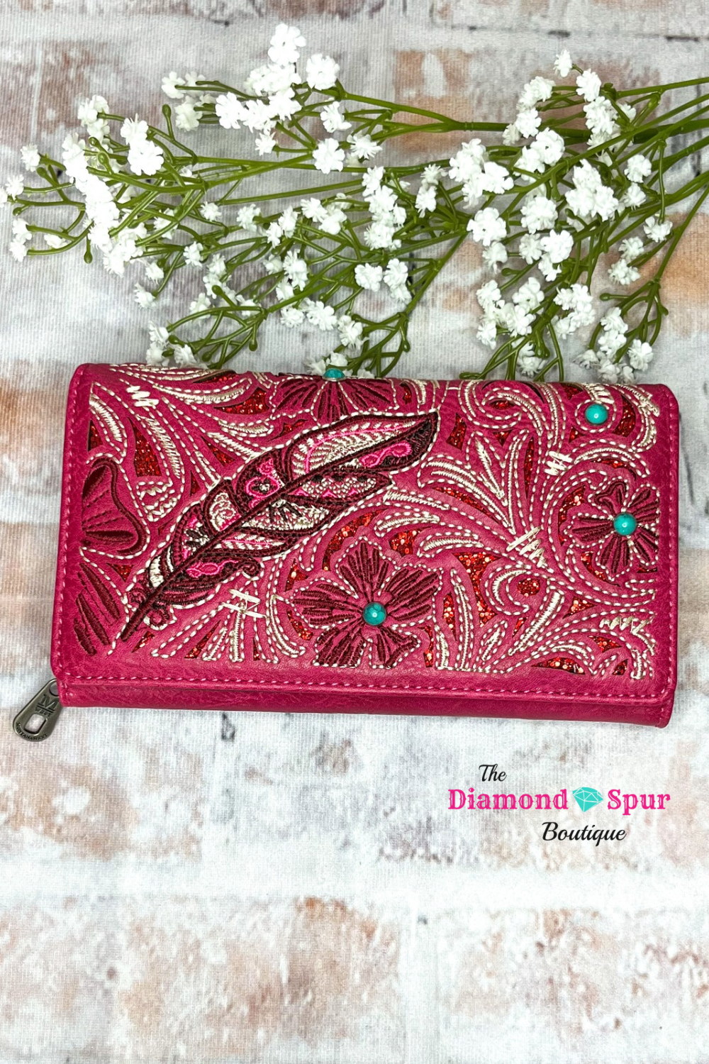 Feather Cut Out Wallet-Pink - The Diamond Spur Boutique