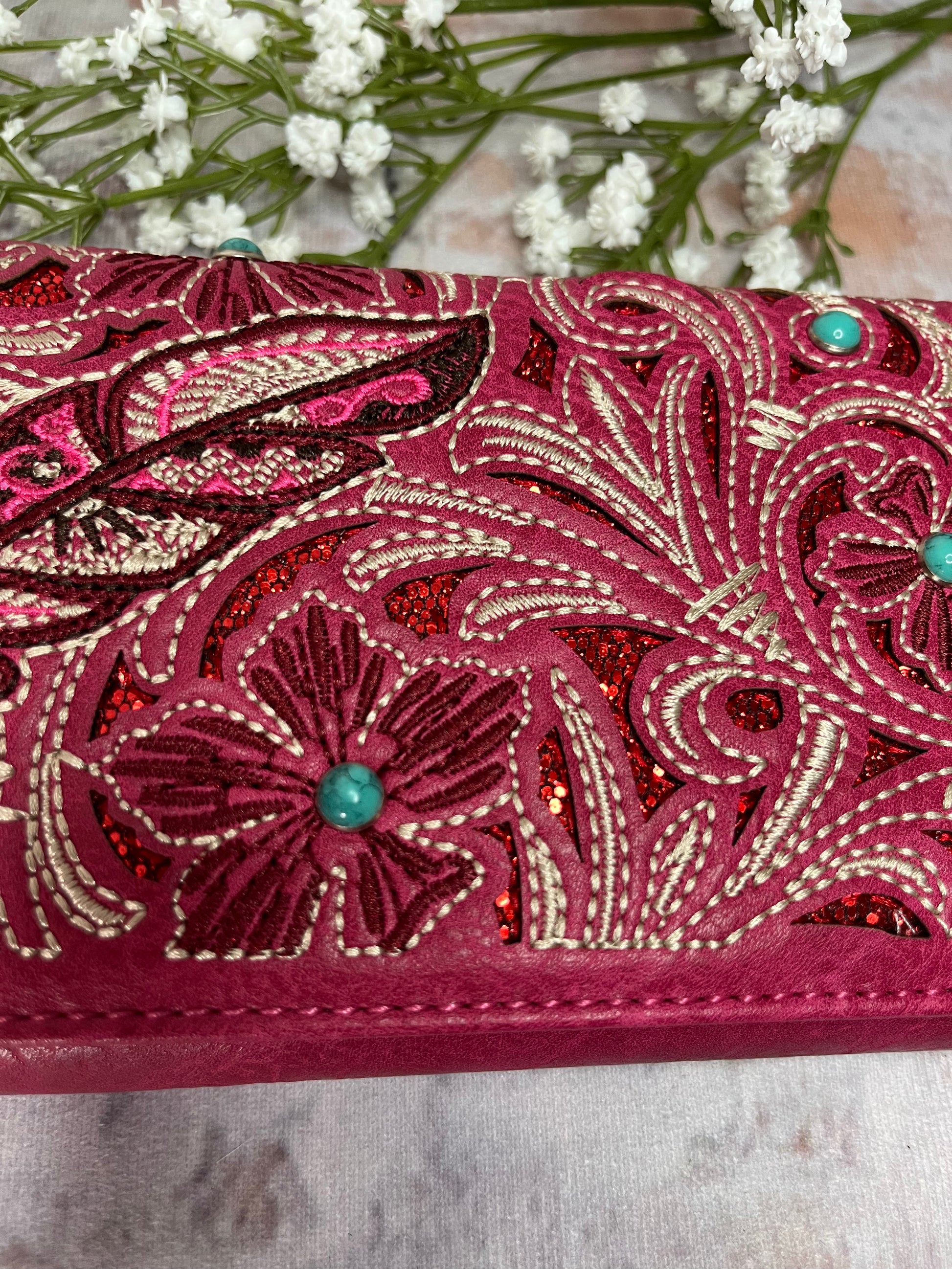 Feather Cut Out Wallet-Pink - The Diamond Spur Boutique