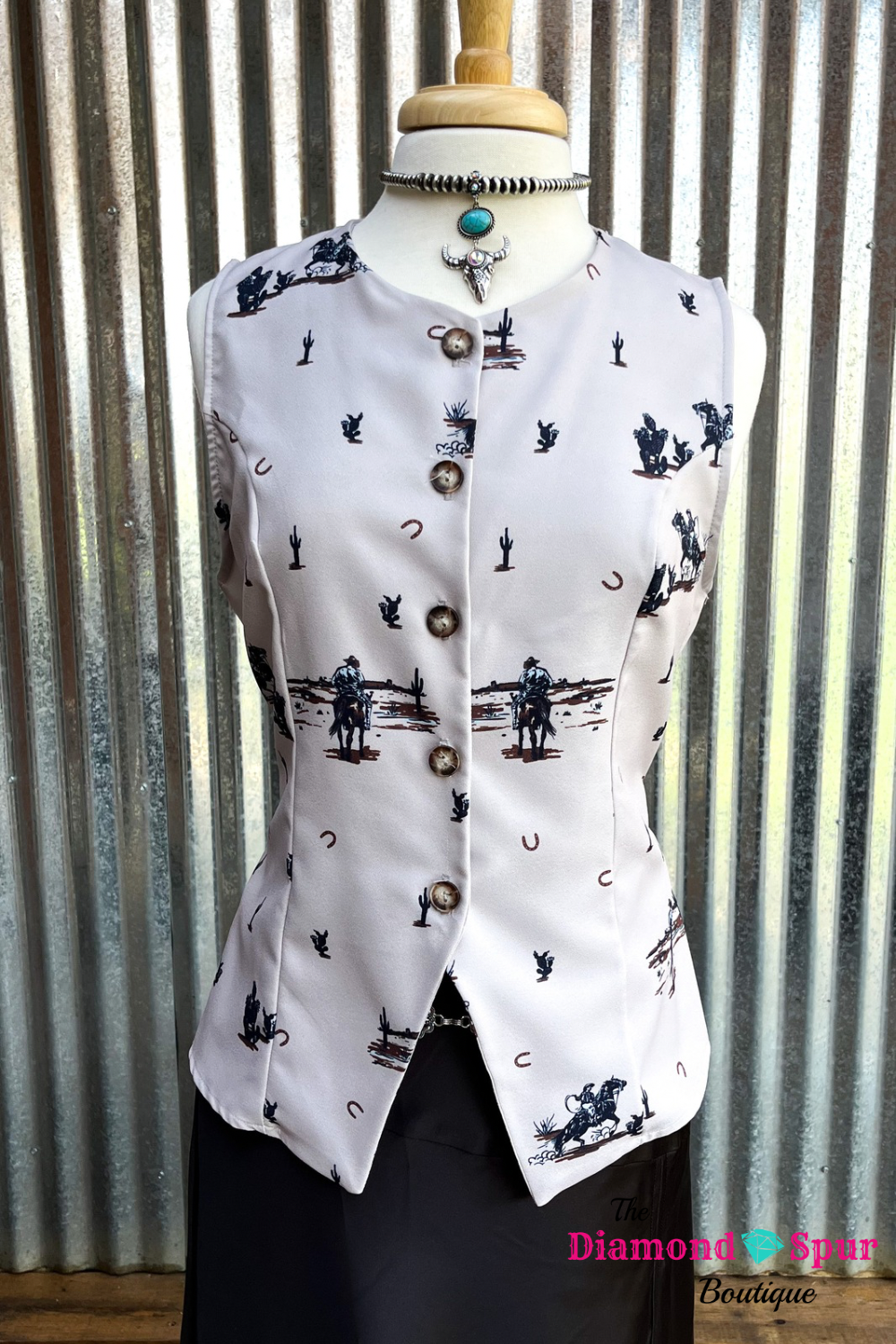 Western button up vest with lace up back and  all over desert cowboy design