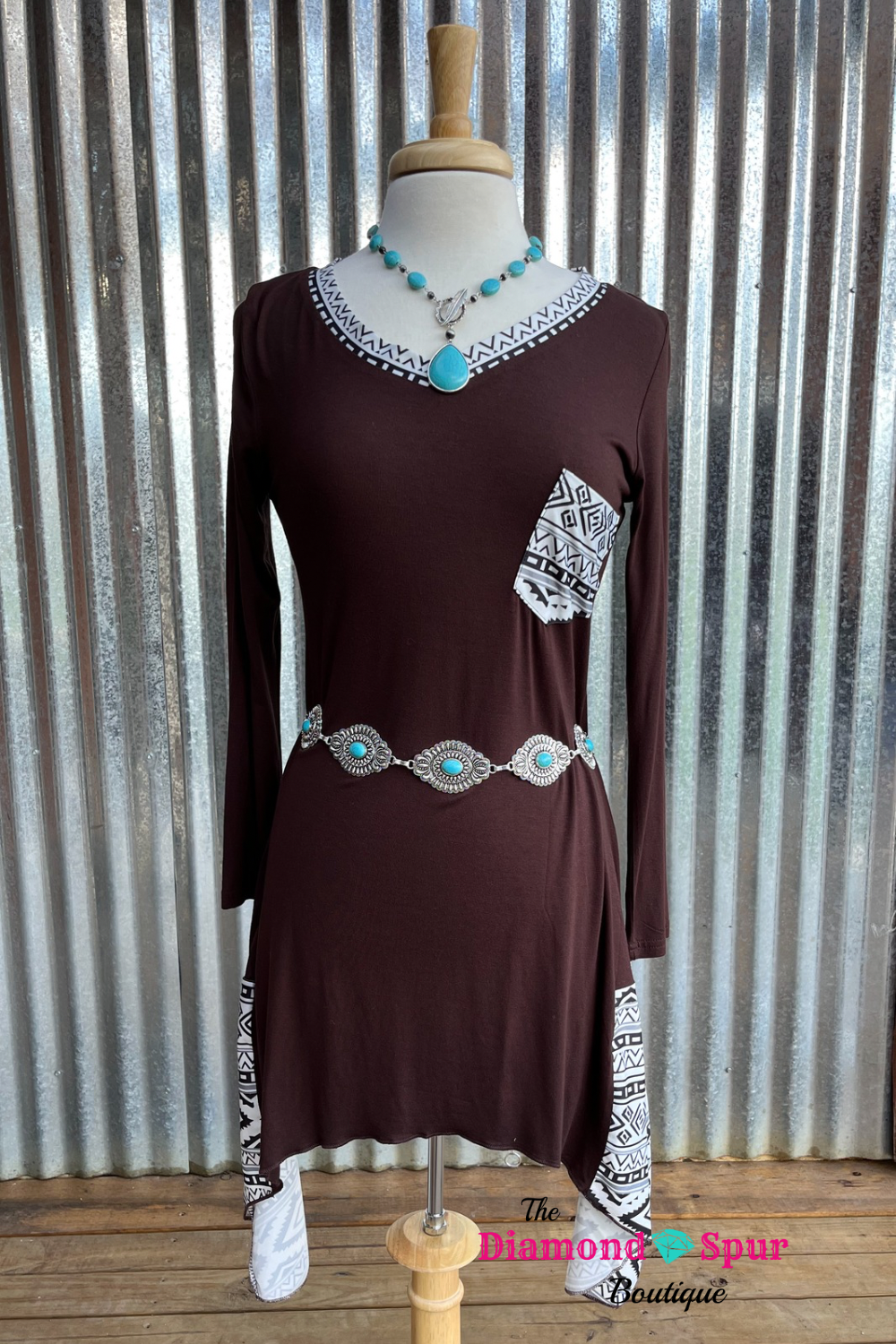 Brown Geometric Print Tunic Dress
