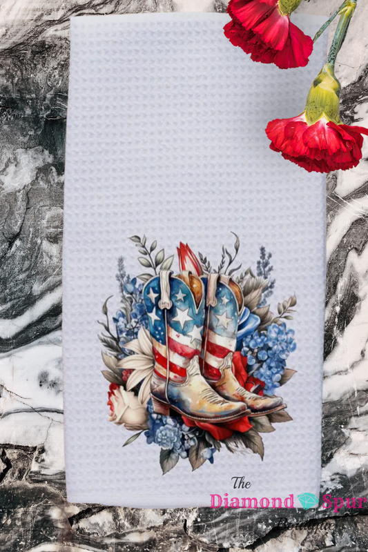white waffle dish towel with American flag cowboy boots and red white and blue flowers
