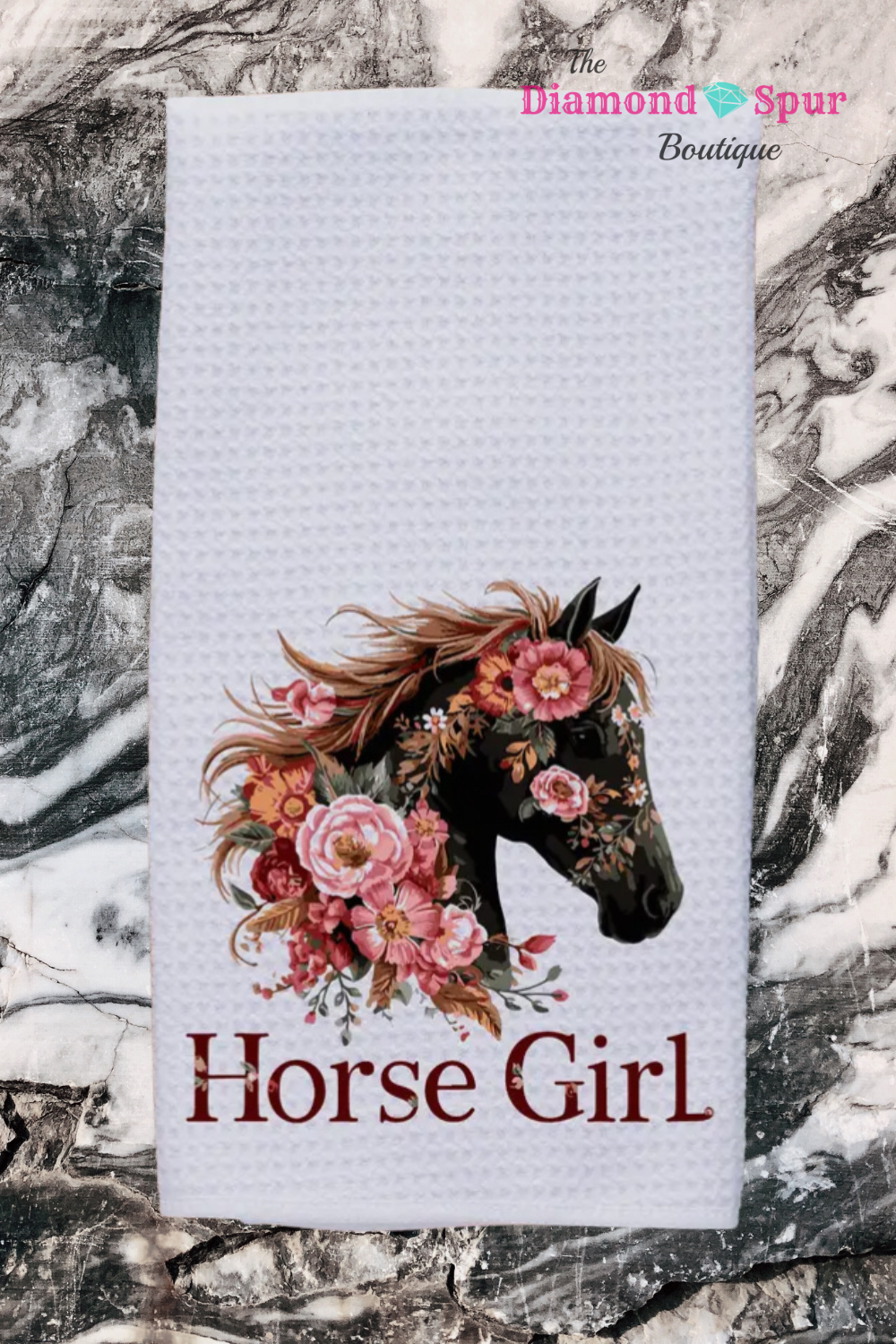 white waffle dish towel with horse and flowers that says horse girl
