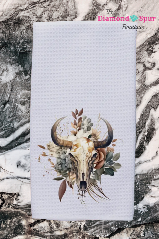 Boho rustic white waffle dish towel with steer skull and dried greenery