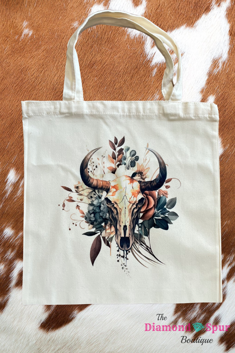 Canvas tote bag with rustic boho western steer skull and dried greenery