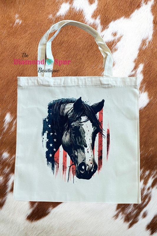 Canvas tote bag with American flag and horse