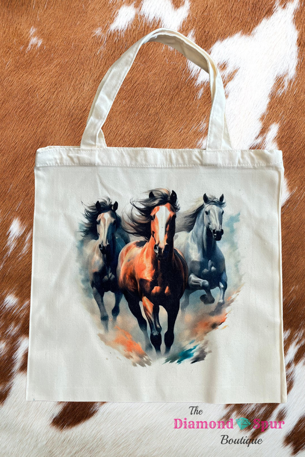 Canvas tote bag with running horses watercolor picture