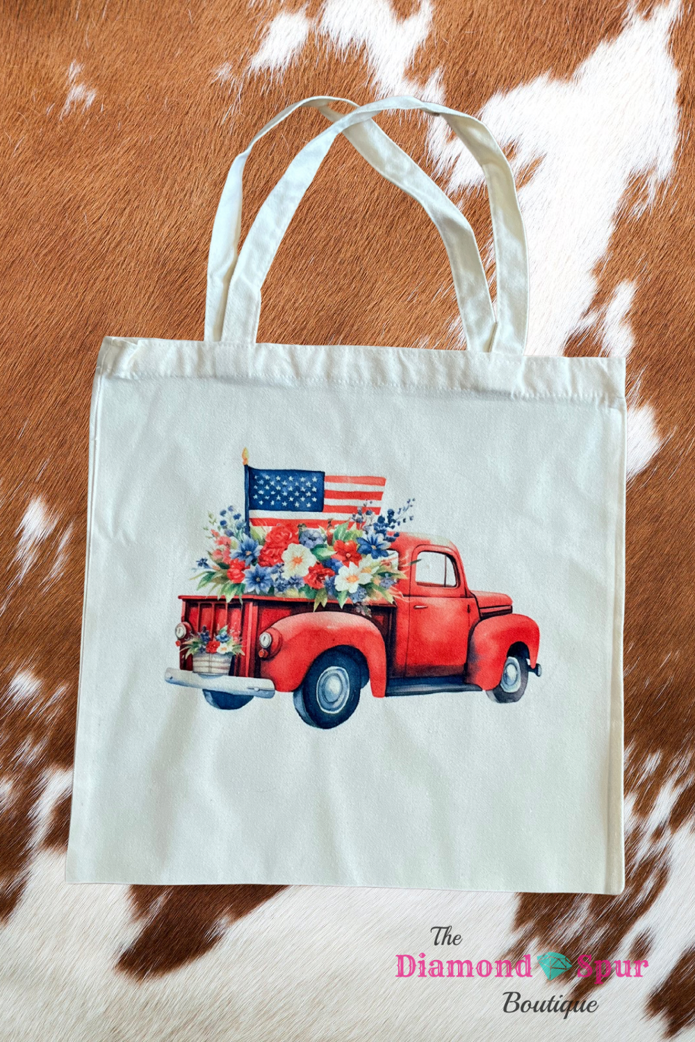Canvas tote bag with red truck American flag and red white and blue flowers