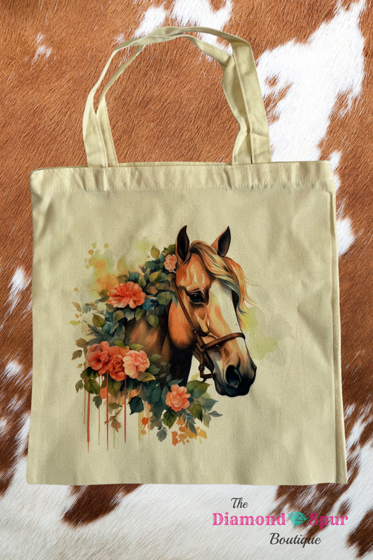 Canvas tote bag with watercolor horse and flowers picture