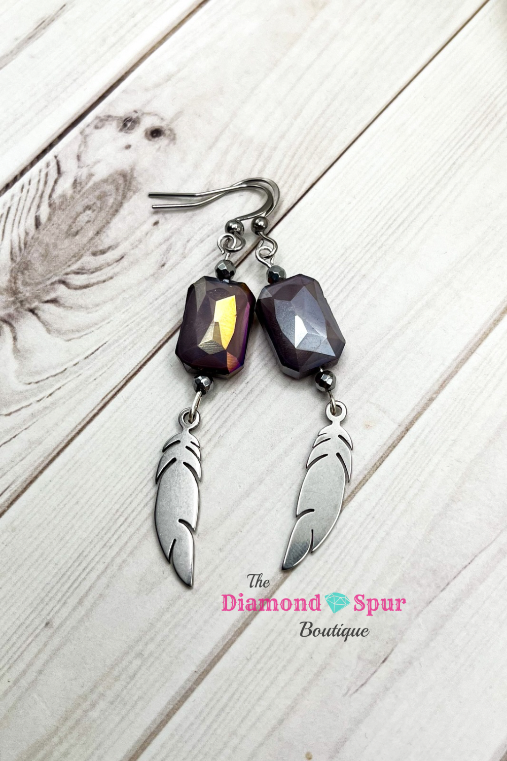 Boho western feather charm earrings with square purple bead and stainless steel hooks one-of-a-kind