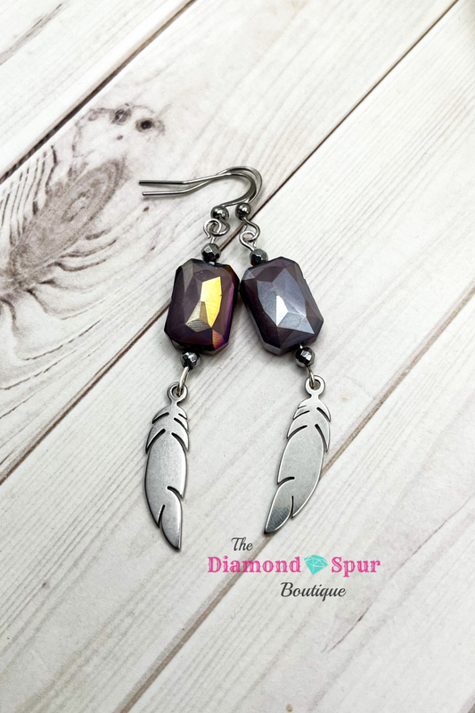 Boho western feather charm earrings with square purple bead and stainless steel hooks one-of-a-kind