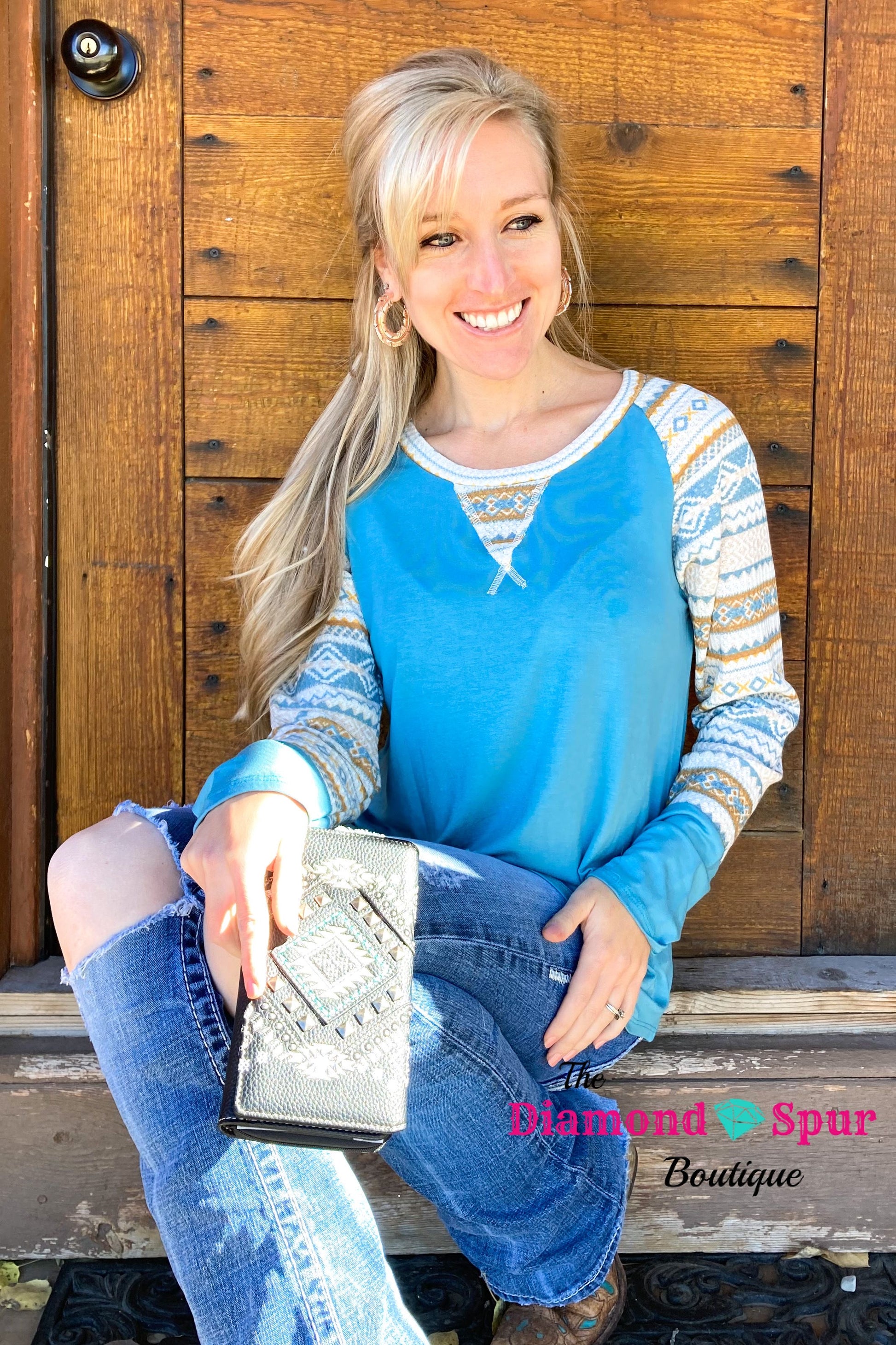 Charming Retreat Aztec Sleeve Top - The Diamond Spur Boutique