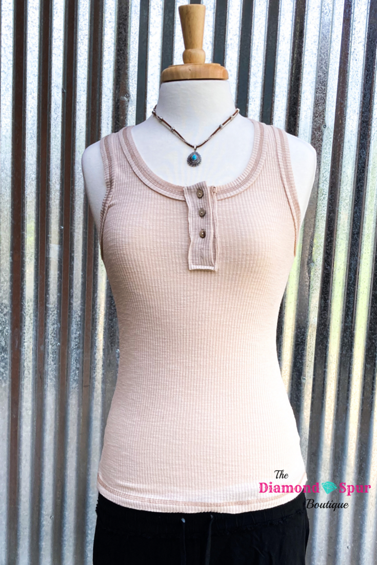 Beige Basic Button Tank Top - The Diamond Spur Boutique
