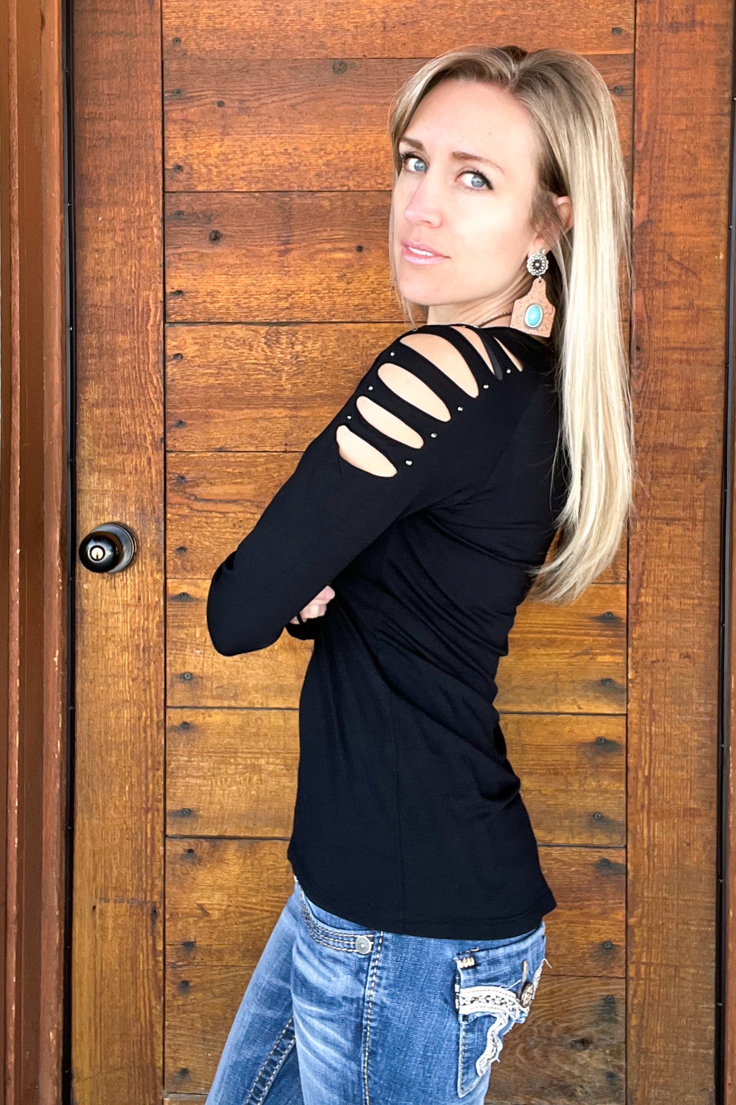 Stones and Laser Cut Sleeve Top - The Diamond Spur Boutique