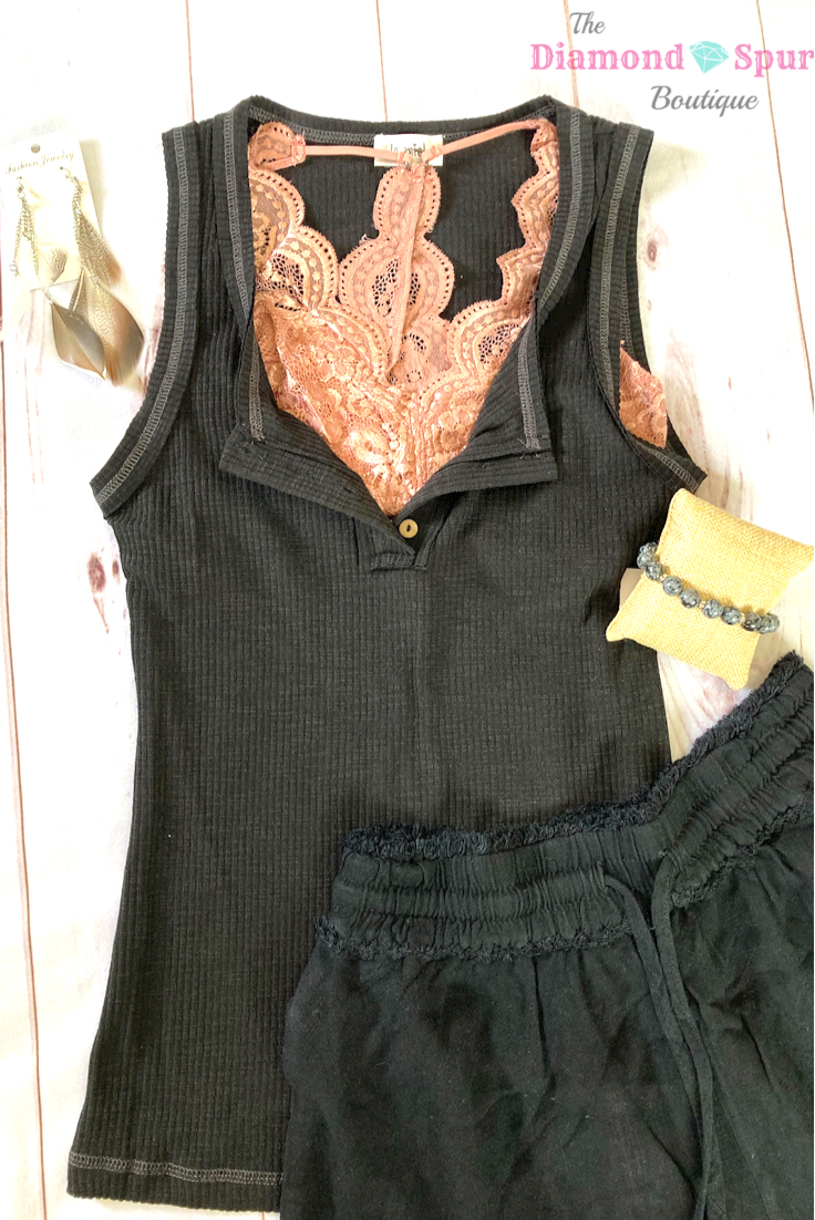 Black Basic Button Tank Top - The Diamond Spur Boutique