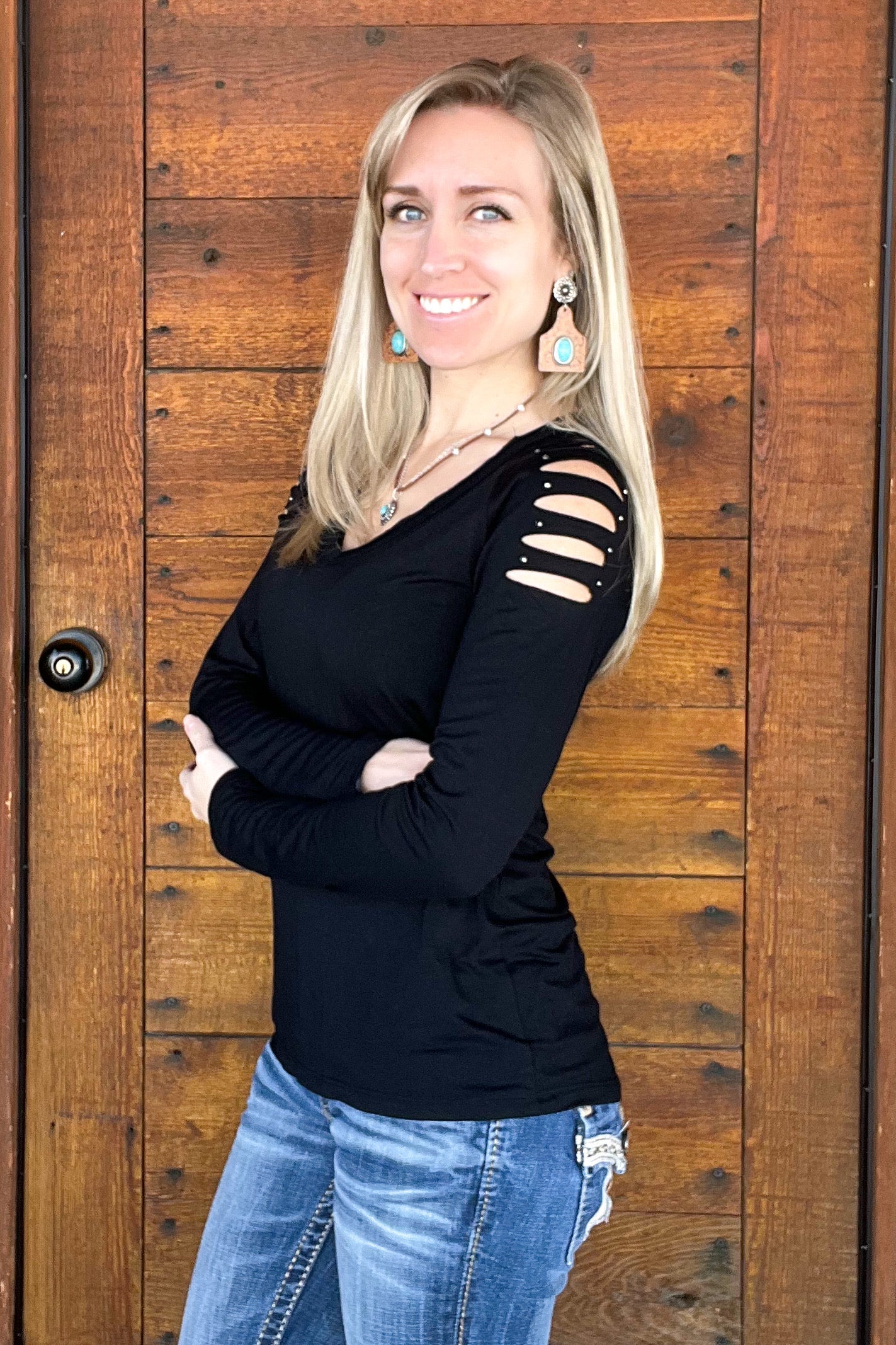 Stones and Laser Cut Sleeve Top - The Diamond Spur Boutique