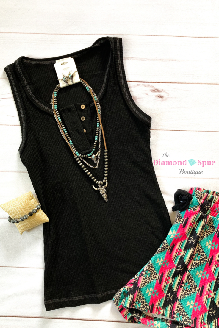 Black Basic Button Tank Top - The Diamond Spur Boutique