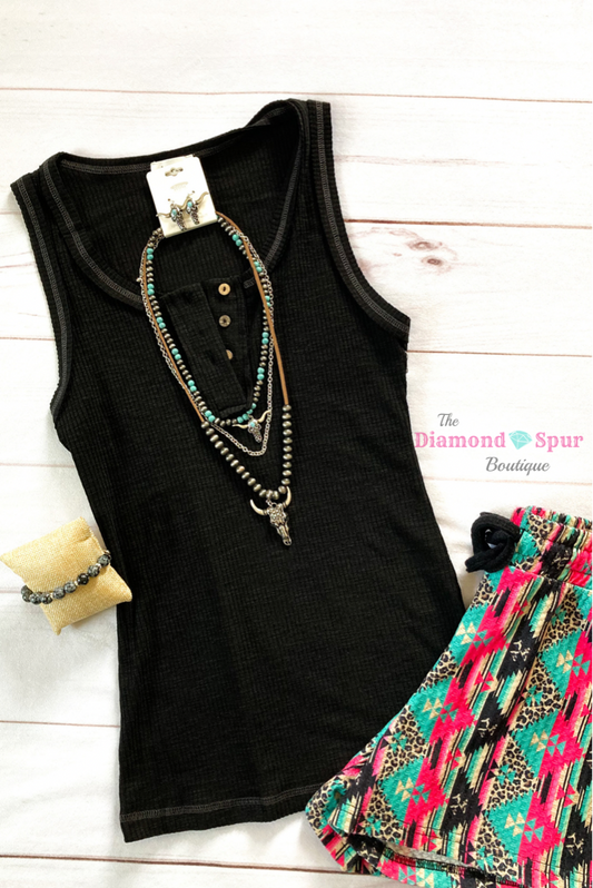 Black Basic Button Tank Top - The Diamond Spur Boutique