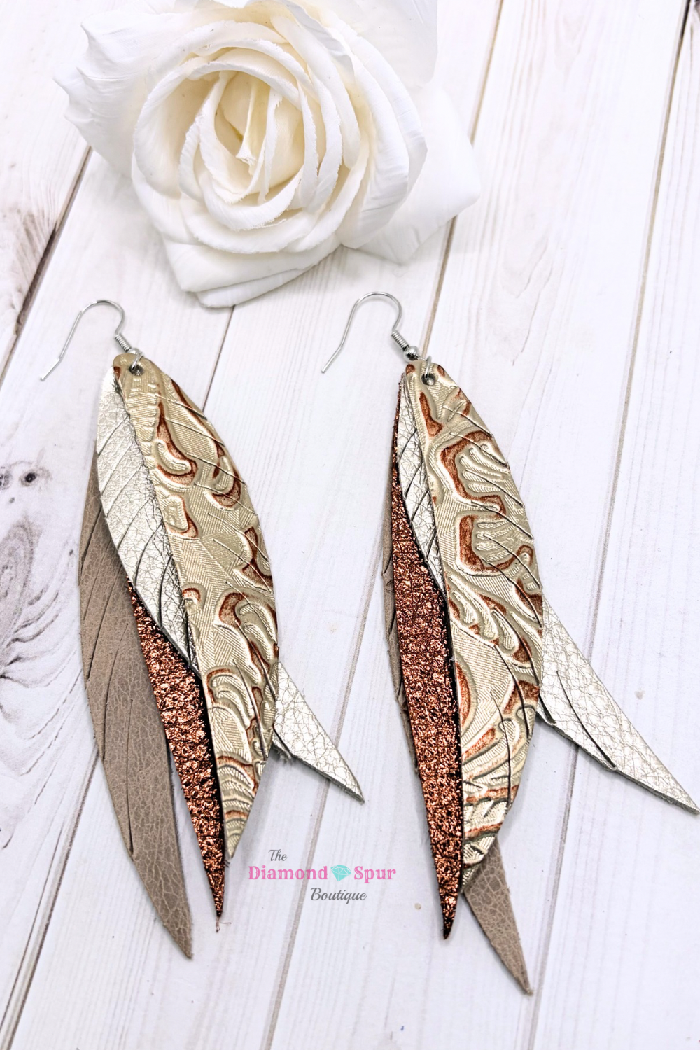 Leather Feather Earrings-Metallic Sand