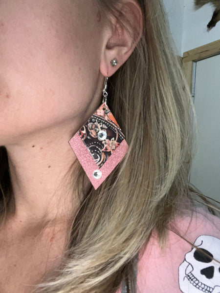 Pink Glitter & Leather Earrings