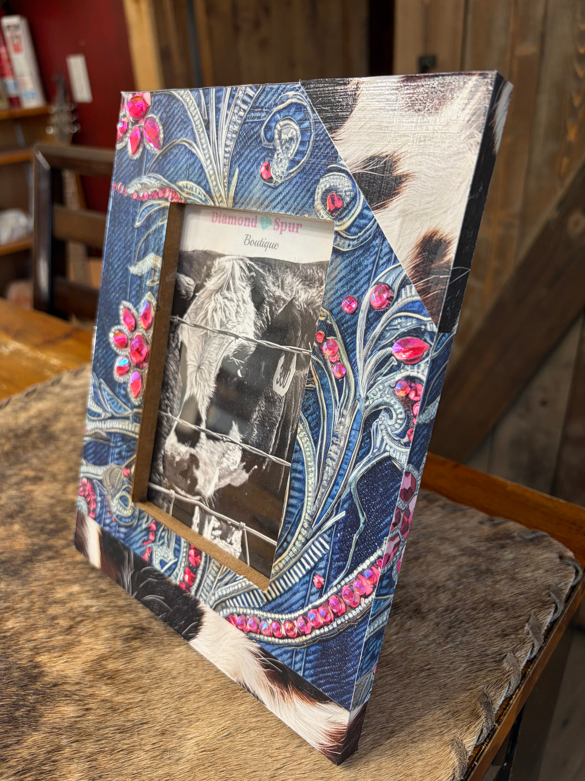 Pink Rhinestones and Denim Picture Frame
