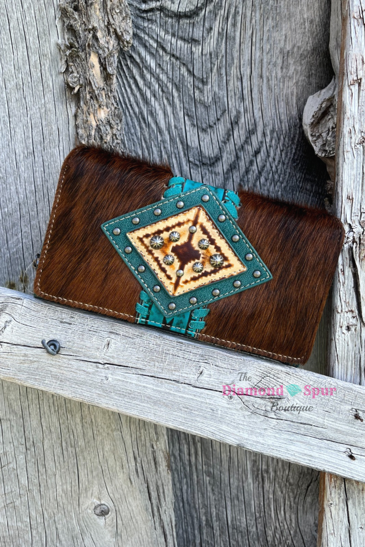 Turquoise Diamond Hair On Hide Wallet