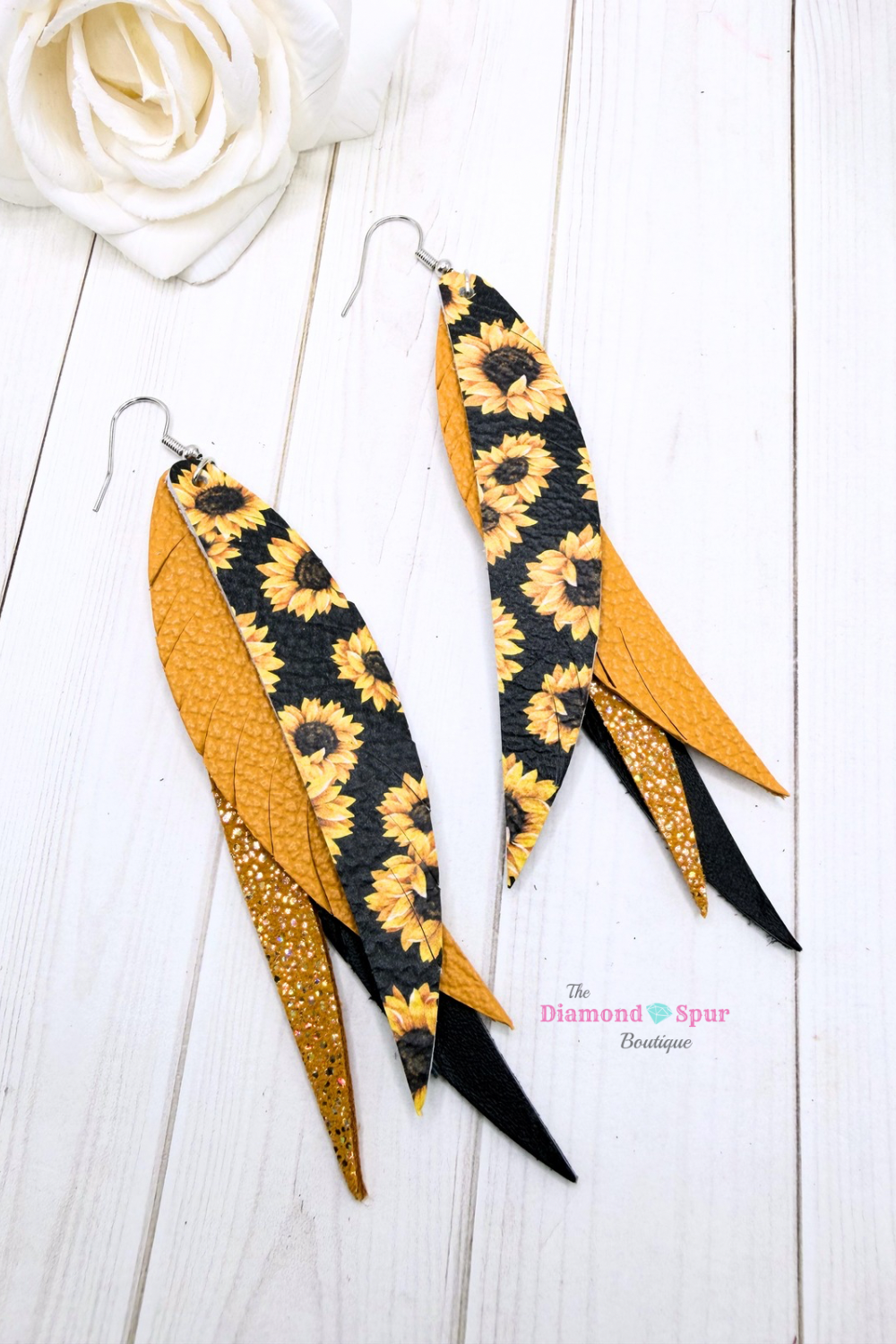 Leather Feather Earrings-Sunflower