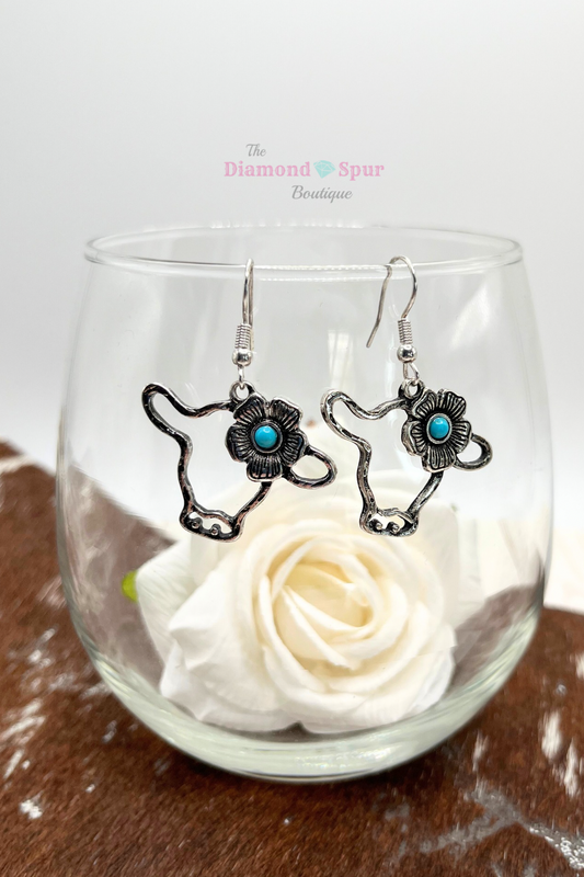 Silver Flower Cow Head Earrings