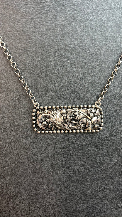 Tooled Silver Tone Bar Necklace