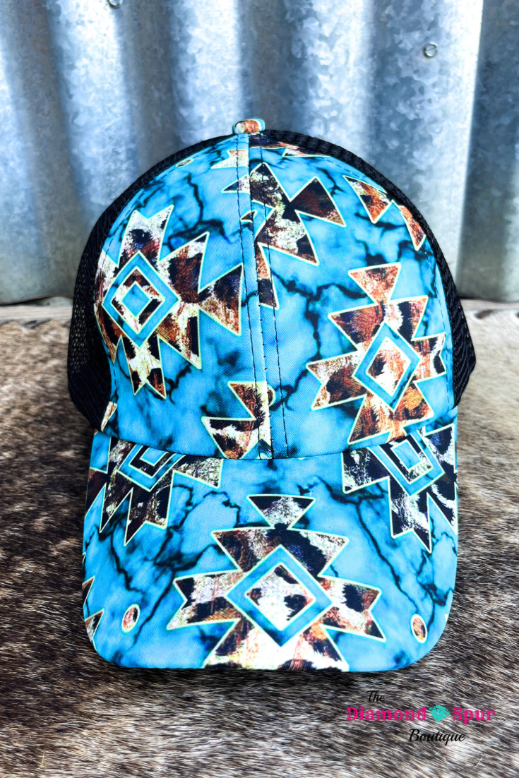 Mesh Back Blue & Leopard Ponytail Hat - The Diamond Spur Boutique