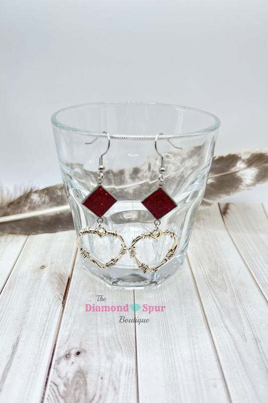 Red Glitter Barbed Wire Heart Earrings - The Diamond Spur Boutique